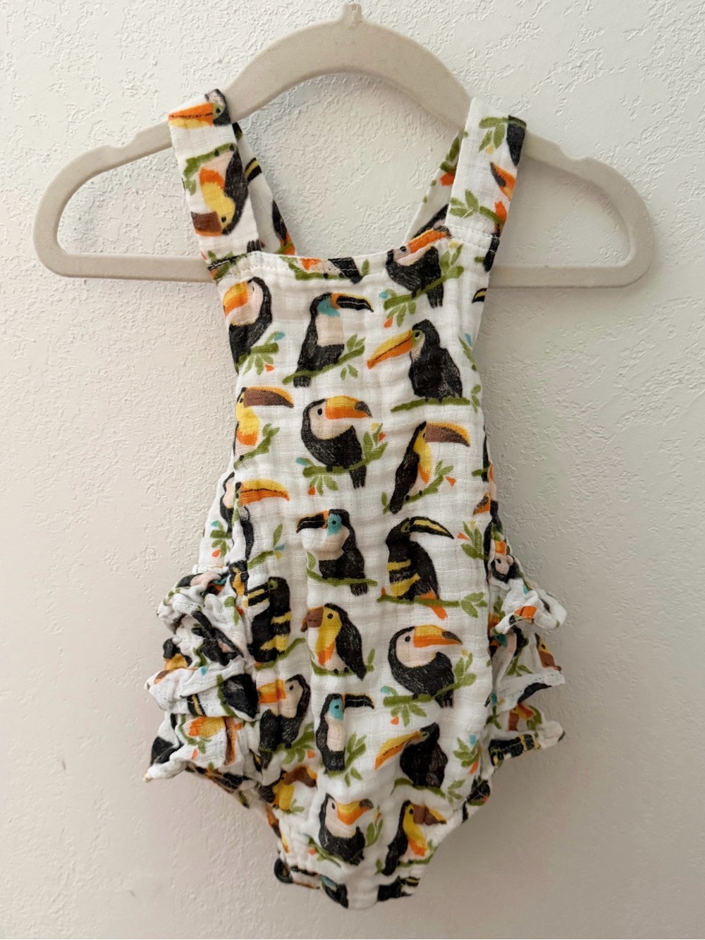Baby Toucan Print Ruffled Romper - White, Black, Yellow